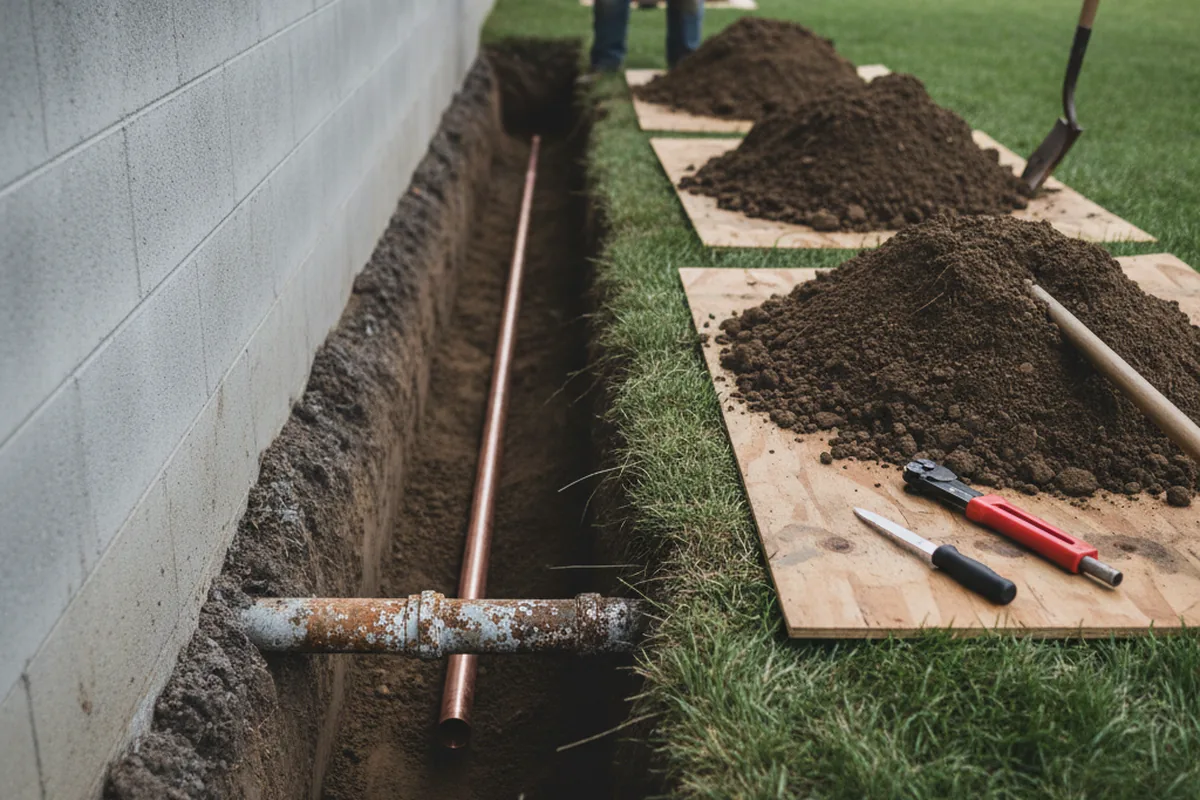 Excavated water line trench during Sewer Line Repair in Fort Monroe